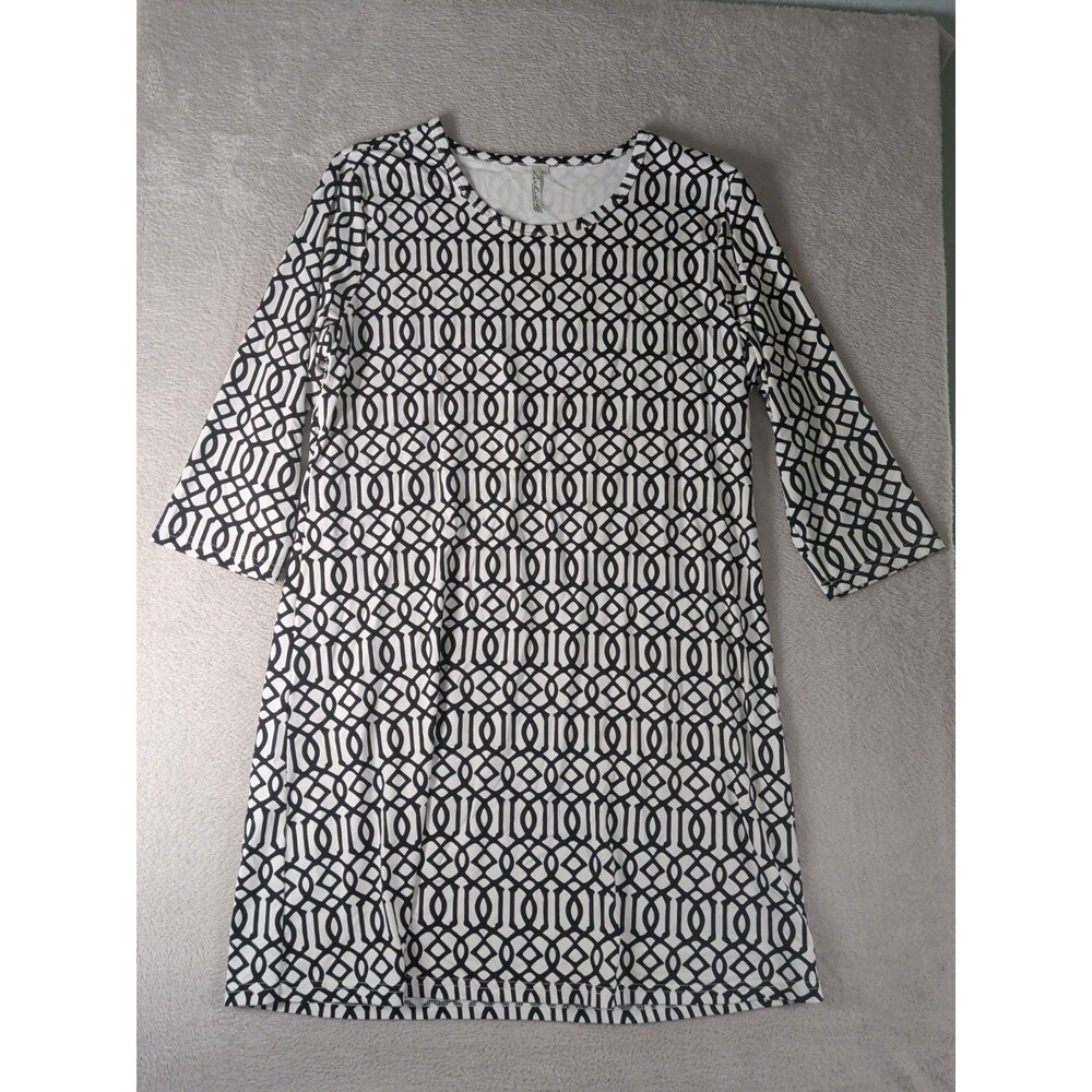 Lulu-B Dress Shift Resort Dress Women's Xl White Black UPF 50 3/4 Sleeve Shift